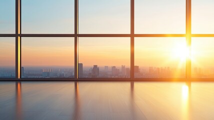 Fototapeta premium A stunning view of a sunset skyline through large windows, highlighting the orange and blue hues of twilight over a city landscape.