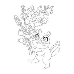 Coloring page with adorable Chipmunk with a bouquet. Autumn linear illustration.