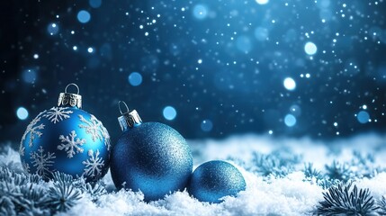 blue christmas background adorned with delicate snowflakes and shimmering christmas balls, creating a festive and cheerful ambiance
