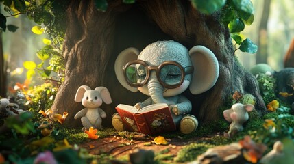 Tiny 3D elephant with oversized glasses reading a book under a tree, surrounded by cute animal friends in a whimsical forest