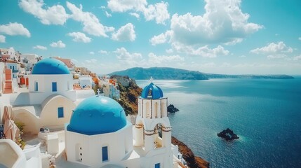 Obraz premium breathtaking panoramic view of santorini, greece, with its iconic whitewashed buildings and blue domes overlooking the sparkling sea, capturing the essence of summer travel