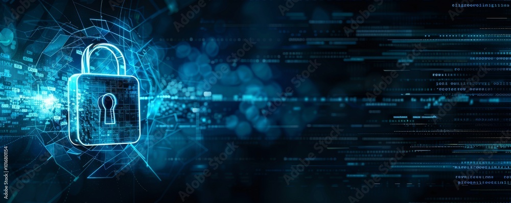 Poster a futuristic padlock with glowing blue patterns represents digital security and protection in a high