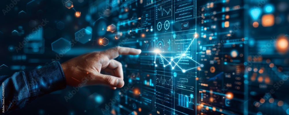Poster A hand pointing at a digital graph interface displaying data analytics on a vibrant, high-tech background.