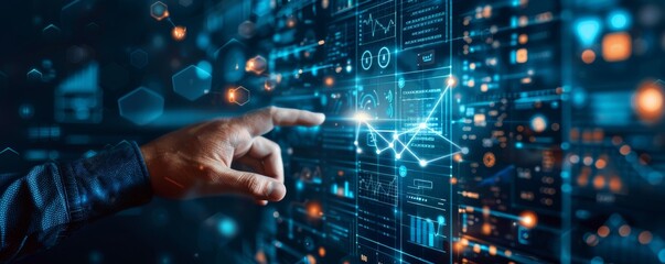 Fototapeta premium A hand pointing at a digital graph interface displaying data analytics on a vibrant, high-tech background.