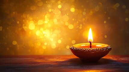 A festive Diwali background showcases a realistic, decorated oil lamp (diya), ideal for use on banners, posters, flyers, and websites. This design celebrates the Hindu festival of lights, Diwali.	