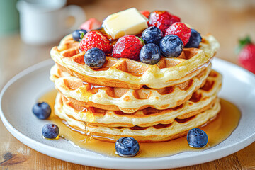 A stack of waffles with blueberries and strawberries on top
