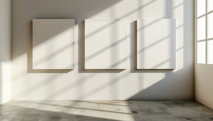Fototapeta premium Minimalist interior featuring empty frames on a wall, sunlight casting dramatic shadows, perfect for art display or creative inspiration.