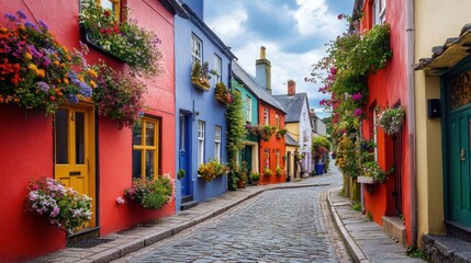 Fototapeta premium charming view of the colorful old streets in kinsale, cork, ireland, with vibrant houses adorned with flowers, cobblestone paths, and a serene sky, evoking a sense of wanderlust