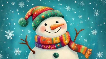cheerful snowman adorned with a colorful scarf and smiling face, set against a bright blue background. the playful and whimsical design evokes the joy of winter and festive cheer
