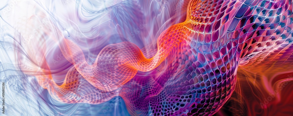 Poster An abstract design featuring vibrant swirls and mesh patterns in shades of purple, red, and orange, creating a dynamic and modern visual effect.