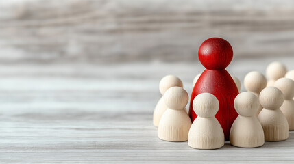 A group of white wooden pawns surrounds a single red pawn, symbolizing leadership, individuality, or standing out from the crowd.
