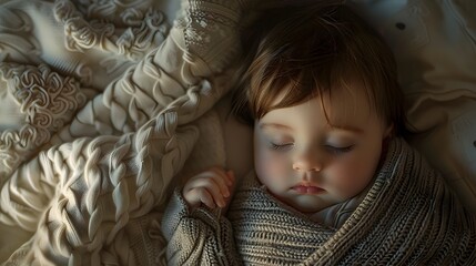 Fototapeta premium Serene Infant Slumbering in Cozy Knit Garment Against Minimalist Backdrop