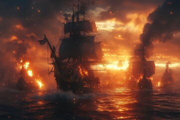 Obraz premium epic naval battle at sunset two massive pirate ships engage in fierce combat cannons blazing a fearsome pirate captain stands defiantly on deck cutlass raised high