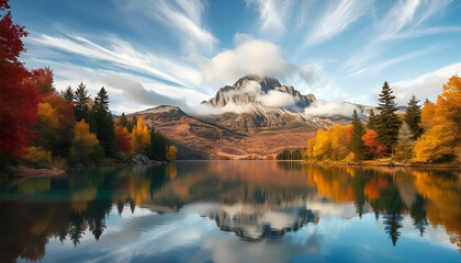Naklejka premium Crystal Clear Serene Lake Surrounded by Autumn Maple Trees and Majestic Mountains Stunning Long Exposure Seasonal Landscape with Vibrant Colors and Cloud Movement, Captured in HD