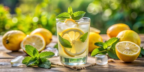 Fototapeta premium A glass of refreshing lemonade with ice cubes, fresh lemons and oranges, and mint leaves in a bright summer setting