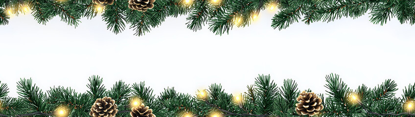 Festive Christmas Garland with Pinecones and Twinkling Lights on White Background