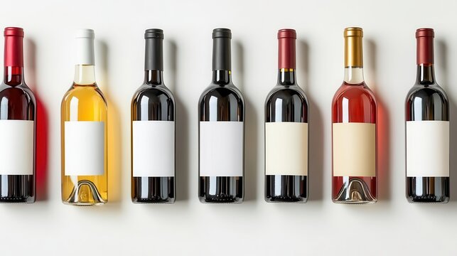 collection of elegant wine bottles, both red and white, arranged artistically on a pristine white background. each bottle features an empty label, inviting customization or branding inspiration