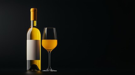  A black backdrop showcases a bottle of wine and a glass, filled to the brim, reflecting the wine's image