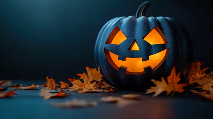 A spooky Halloween pumpkin with a carved face, surrounded by autumn leaves on a dark background, perfect for seasonal decorations.