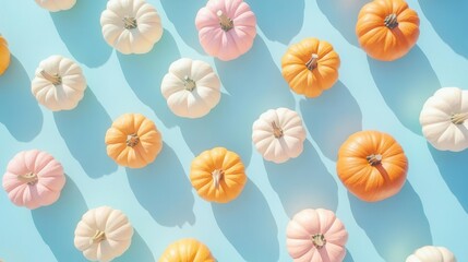 colorful composition of small orange, white, and pink pumpkins arranged on a pastel blue background, exuding a playful, seasonal vibe, with soft shadows and a gentle light