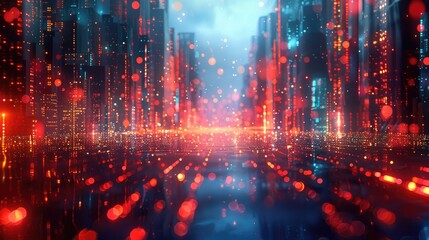 Fototapeta premium Futuristic cityscape with glowing neon lights and a digital river flowing through it. The city is bathed in a vibrant, colorful light.