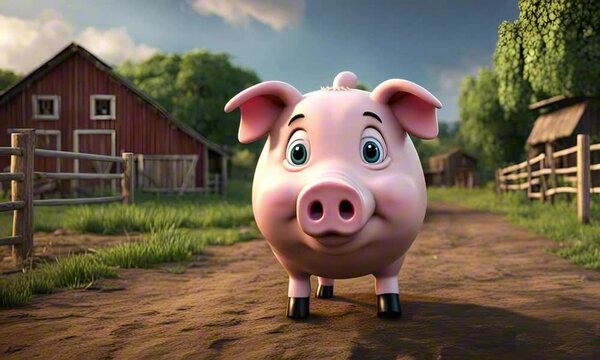 3d pig on a farm cartoon digital art