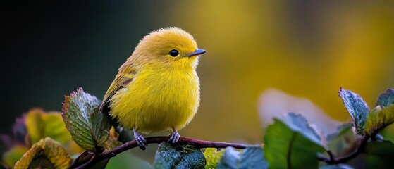 A tiny yellow bird perches on a leafy tree branch against a backdrop of green and yellow