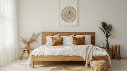 cozy beige bedroom showcasing a wooden double bed adorned with plush pillows, minimalist decor, and a bright white wall perfect for mockups, bathed in soft, warm light
