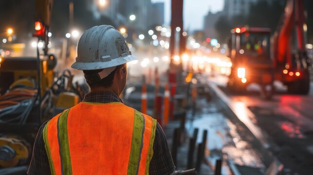 construction worker diligently working on a high-speed highway site, wearing a hard hat and reflective vest, surrounded by machinery and construction materials, showcasing industriousness