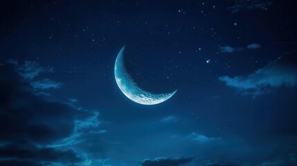 crescent moon illuminated against a deep blue night sky, symbolizing the beauty of ramadan. the moon glows softly, exuding peace and spirituality, inviting reflection and contemplation