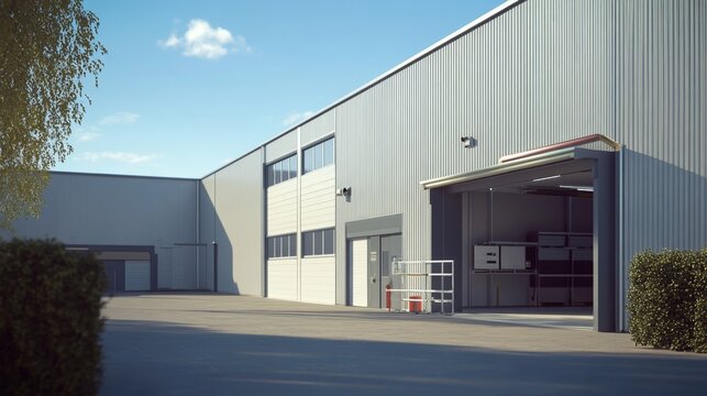 exterior of a modern warehouse with a small office unit