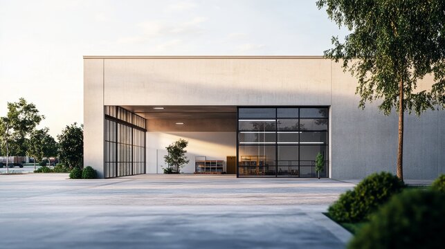 exterior of a modern warehouse with a small office unit