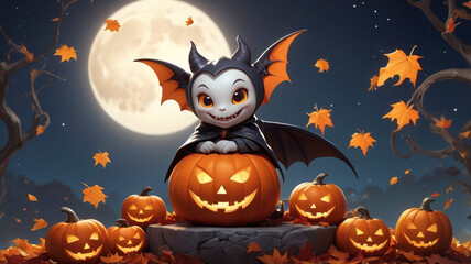 Fototapeta premium Cheerful Little Demon with Pumpkin Head