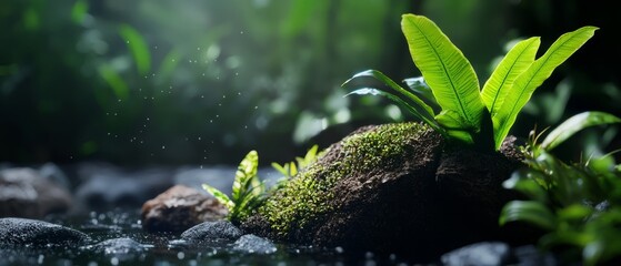  A tight shot of a plant emerging from a rock in a flowing stream, surrounded by stones in the foreground