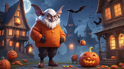 Friendly Demon Character with Eggplant Head in Halloween Scene