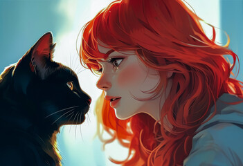 Woman and Black Cat in Tender Gaze