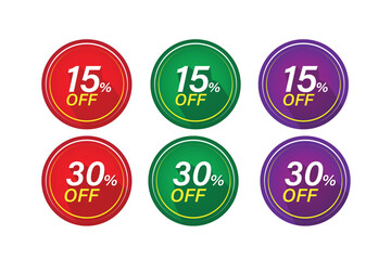 Set of colorful discount sale stickers with 15% and 30% off, available in red, green, and purple. Ideal for promoting discounts.