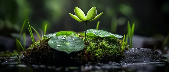  A tight shot of a verdant plant with dew on its leaves and grounded water droplets
