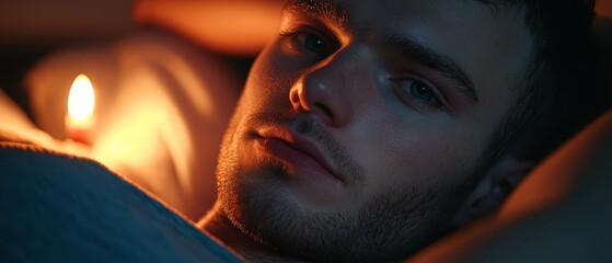  A tight shot of an individual reclining in bed A candle glows in a corner, casting a warm light