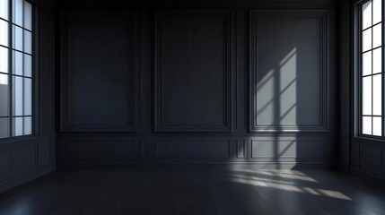 Obraz premium elegant dark room illuminated by a single light source, creating deep shadows and an air of mystery. a blank wall invites imagination, while the rich tones suggest sophistication