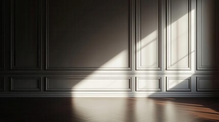 elegant dark room illuminated by a single light source, creating deep shadows and an air of mystery. a blank wall invites imagination, while the rich tones suggest sophistication