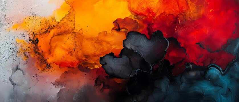  An abstract painting in black, orange, and red hues against a white backdrop, featuring black and red splatters