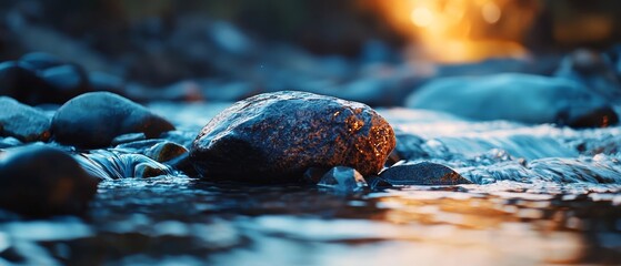  A rock atop a forested body of water, teeming with lush grass and scattered stones