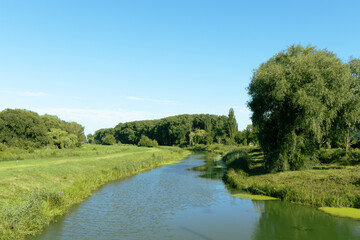 summer landscape grass land with trees and river stream ordinary Europe country side June scenic view