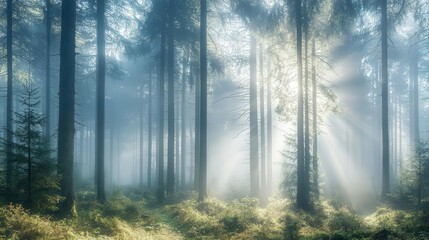 Obraz premium enchanted misty fir forest, shrouded in fog and dappled sunlight filtering through towering trees, creating a tranquil and magical atmosphere in nature