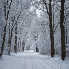 Obraz premium Winter forest landscape with snow-covered trees and a quiet path, peaceful atmosphere