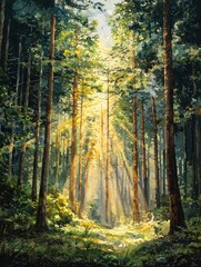 Obraz premium Sunlight Shining Through a Canopy of Tall Trees â€“ A towering, majestic forest scene. Botanical themes --ar 3:4 --quality 2 --stylize 250 --v 6.1 Job ID: dffb95a8-d3ec-48ce-847e-8c08bc7003bd