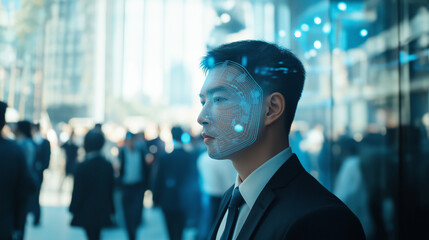 Businessman with digital facial recognition overlay in urban setting during daylight