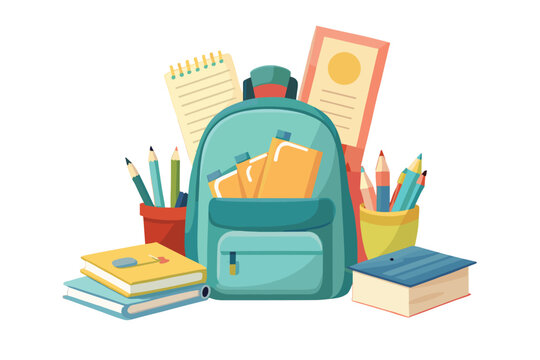 Colorful school supplies with backpack and books for creative learning