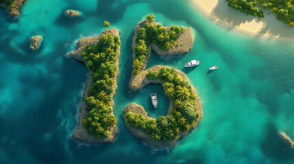 Aerial view of tropical island formation with palm trees and number fifteen amidst turquoise waters